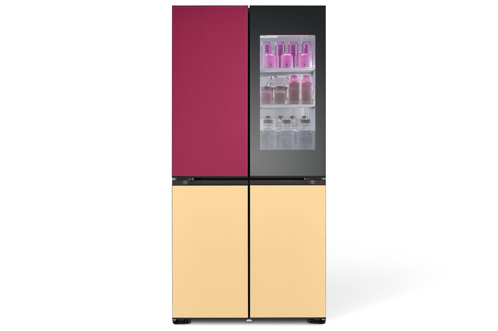 LG GMV960NNME MoodUP fridge freezer, front view with magenta and pale yellow LED panels and illuminated InstaView window