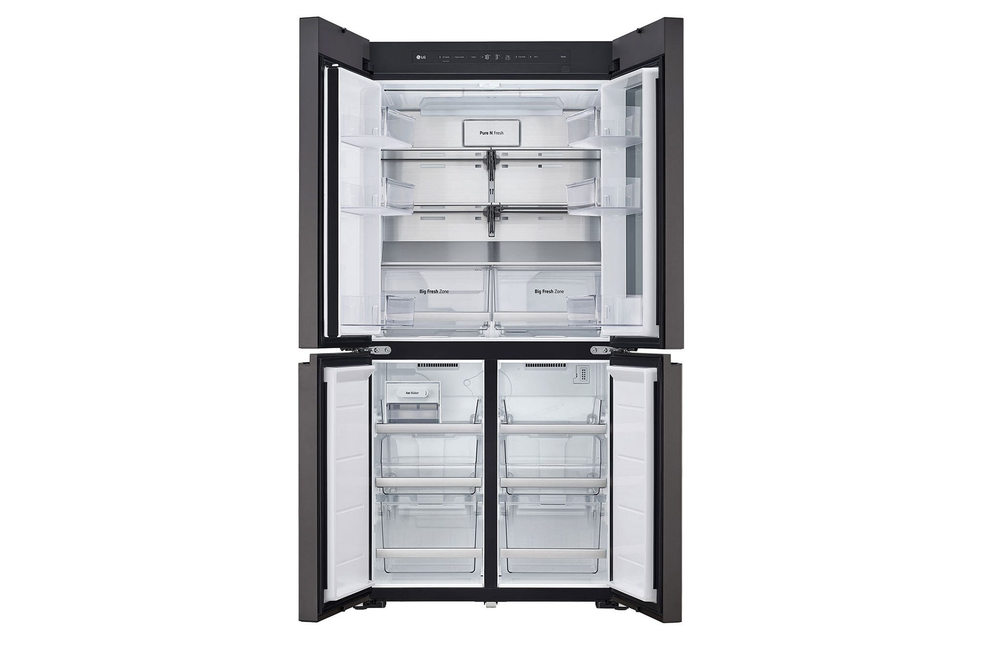 LG GMV960NNME with all four doors open, showing fridge shelves, Big Fresh Zone drawers, freezer storage and ice maker