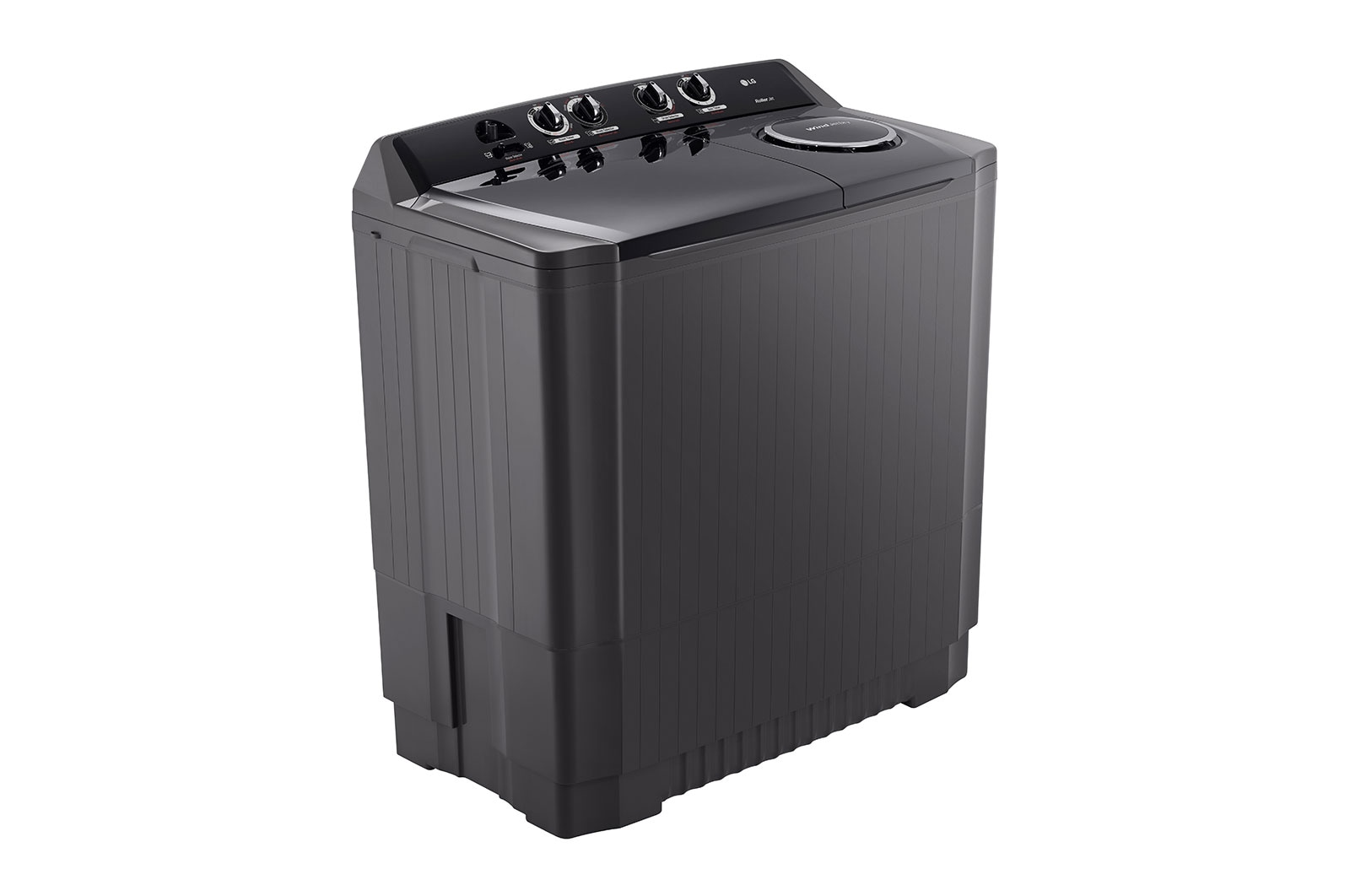 Angled view of the LG P1561RWNT twin tub washing machine in black, showing the twin lids and control dials