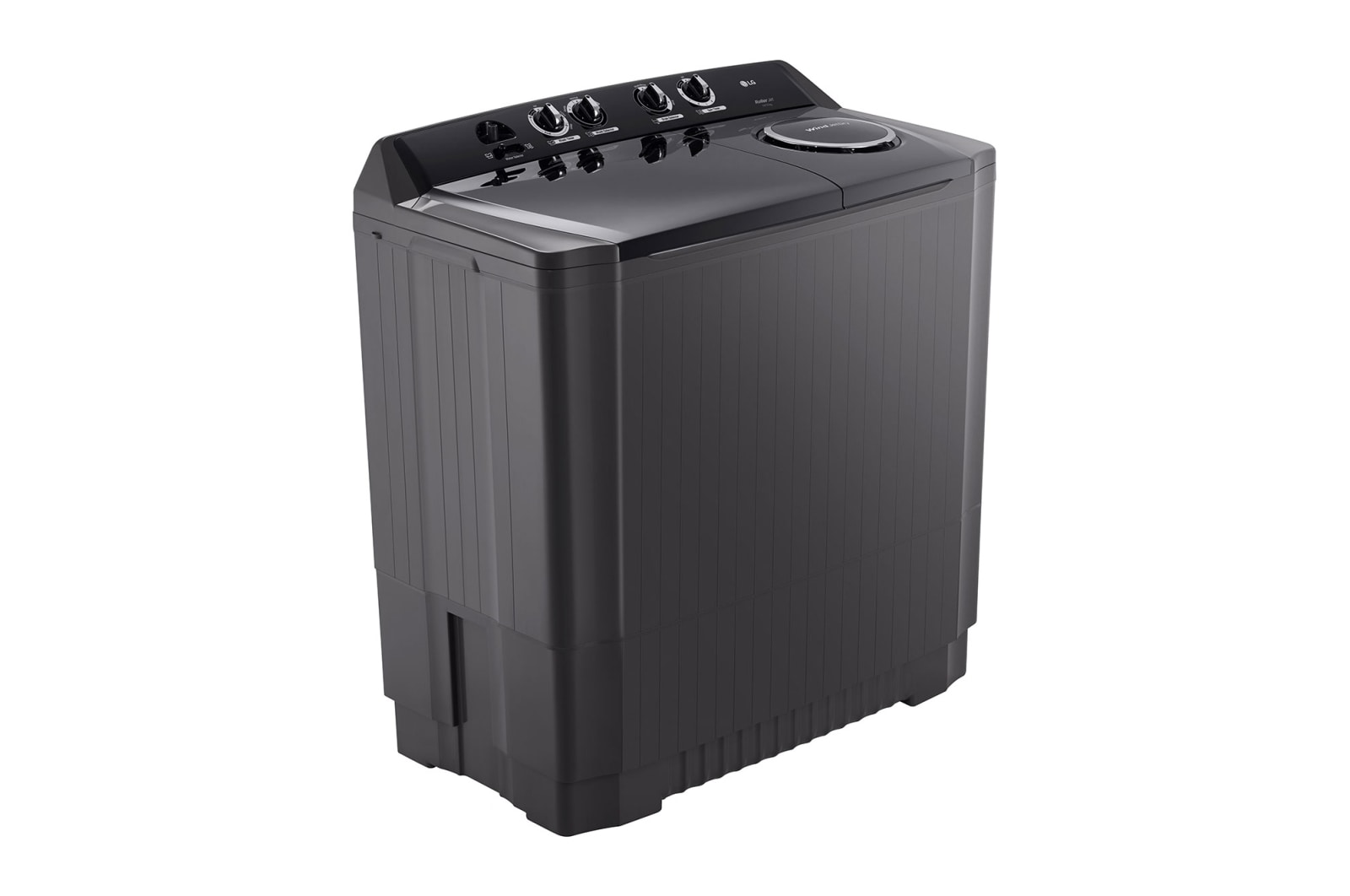 Angled view of the LG P1861RWN9T twin tub washing machine in black, showing the twin lids and control dials