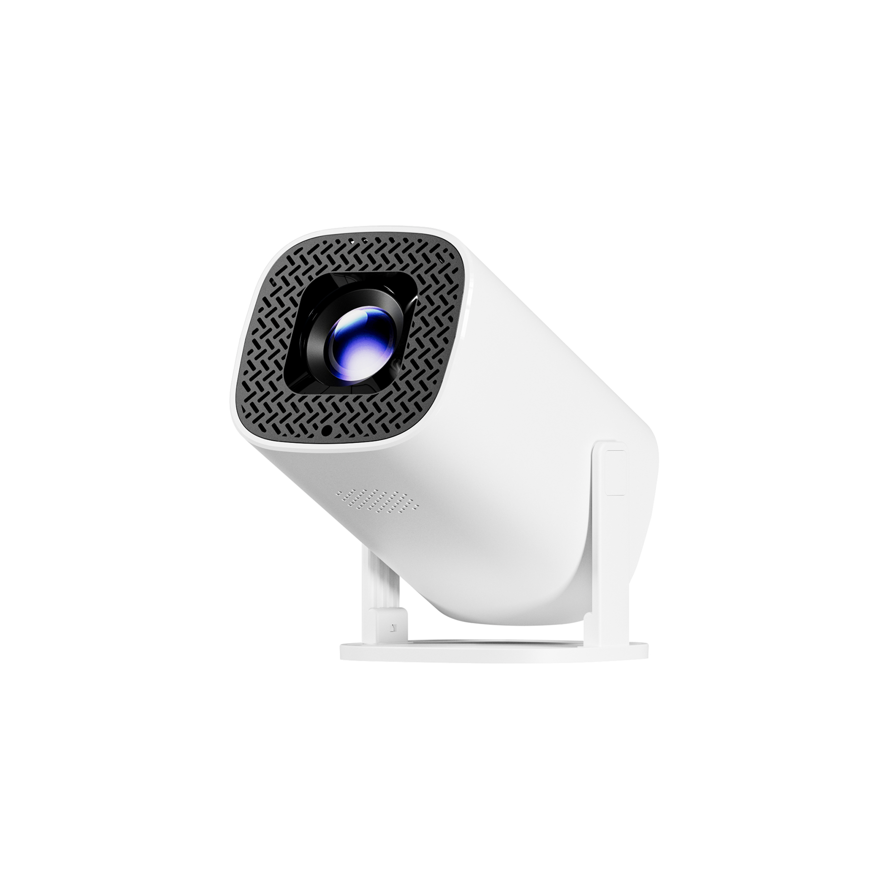 White Sigma P30 PRO projector on a swivel stand, angled slightly upward, with the lens set inside a dark perforated front panel