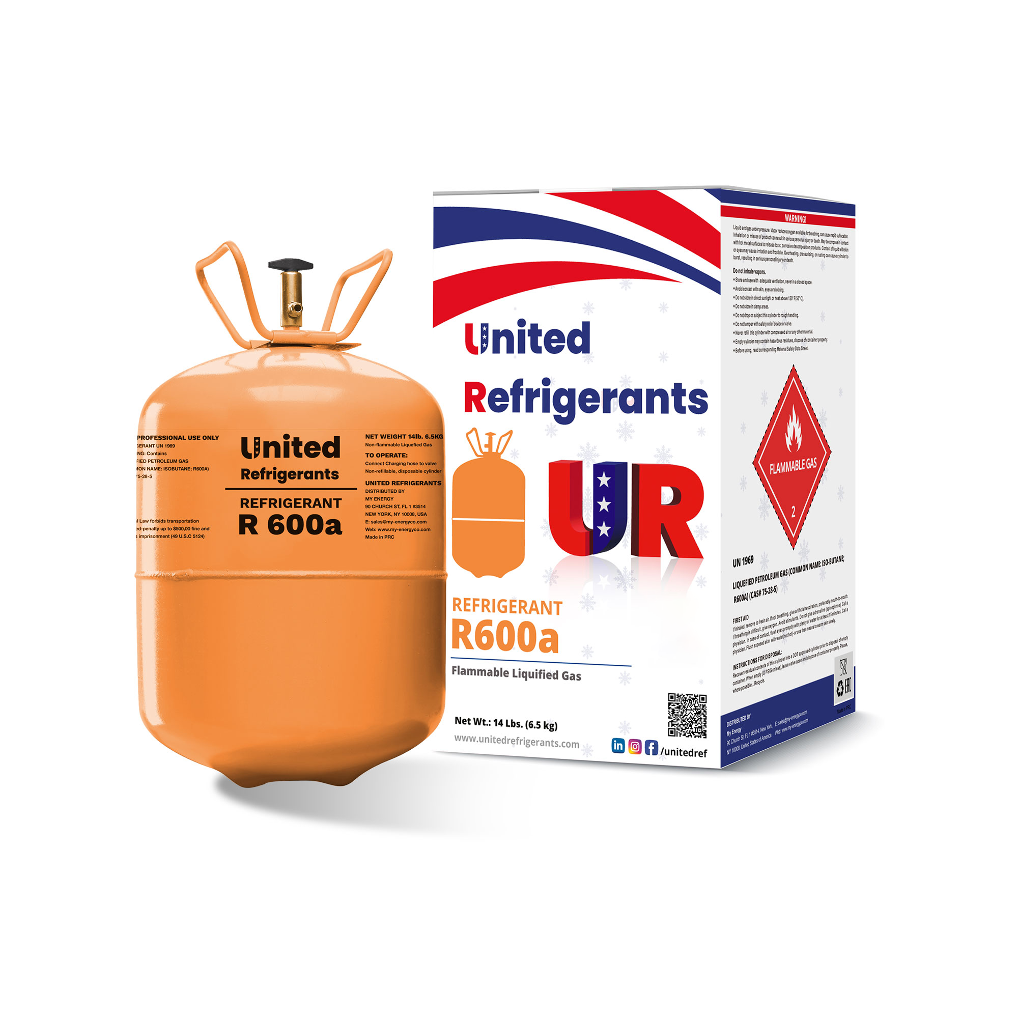 Orange R600a refrigerant cylinder with a brass valve and wire carry handle, standing beside its printed carton
