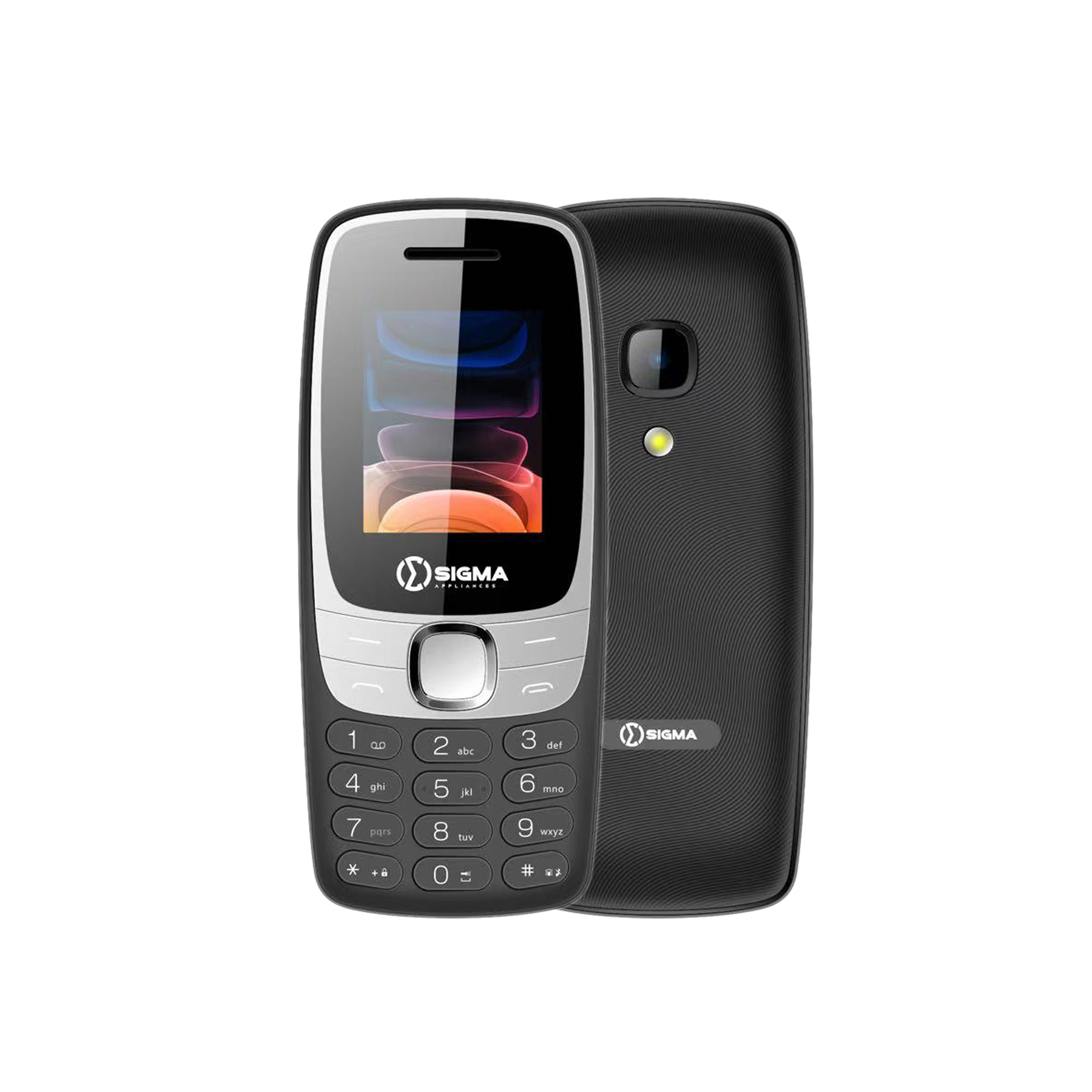 Front and back of the Sigma S3310 in dark grey, showing the colour screen, silver navigation pad, numeric keypad, rear camera lens and LED