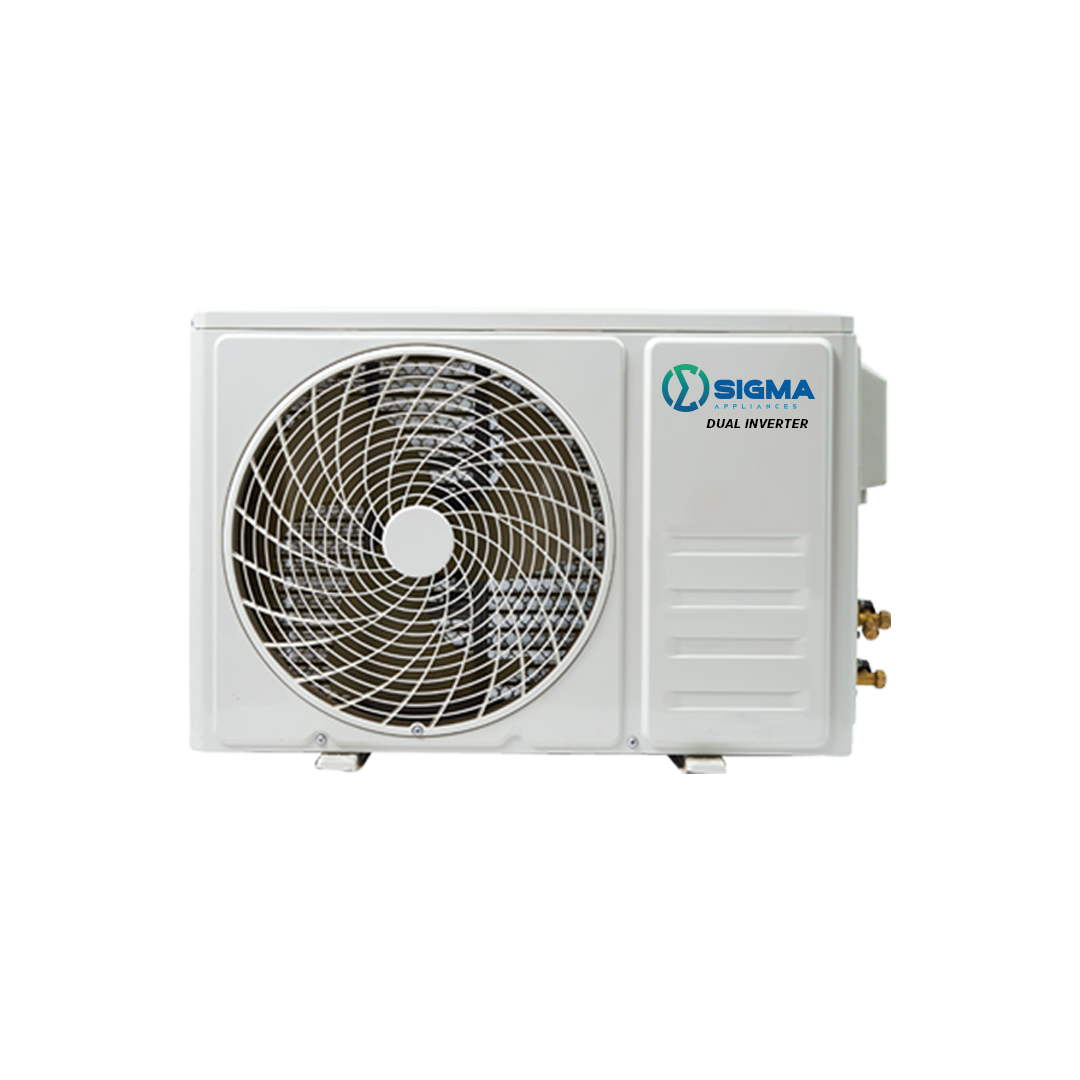White SIGMA dual inverter outdoor unit with a circular fan grille and side connections