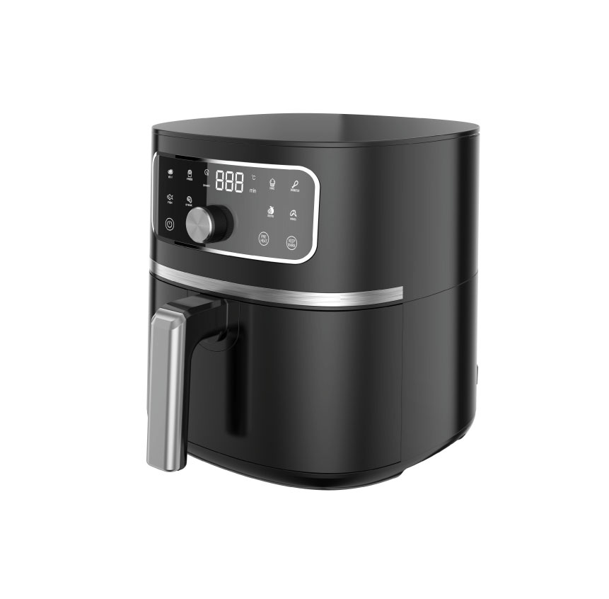Black Sigma air fryer seen from the front and side, with a touch panel, a central dial, a digital display and a pull out basket with a metal handle
