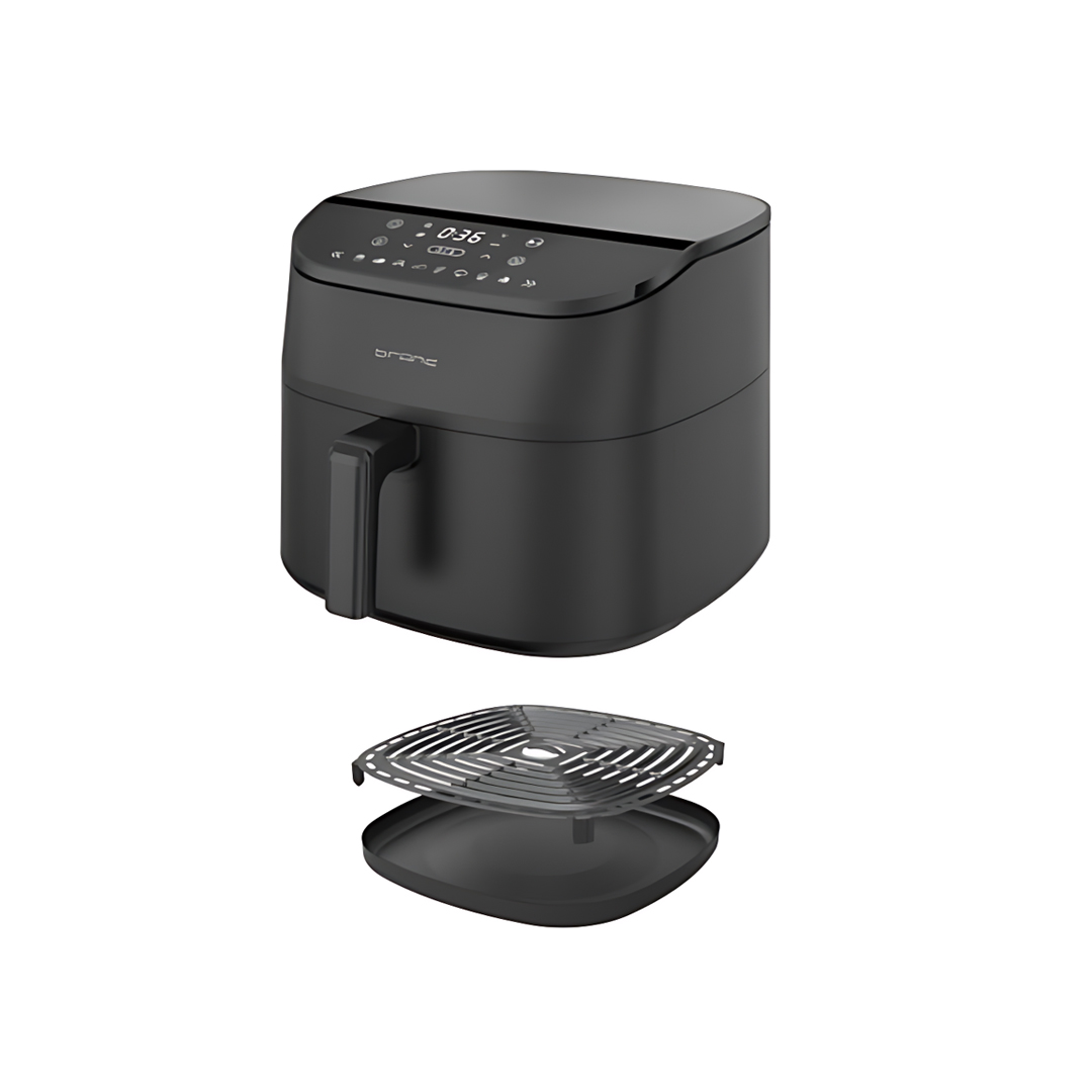 Black Sigma air fryer with a touch panel and lit display, shown above its drawer with the frying rack lifted out