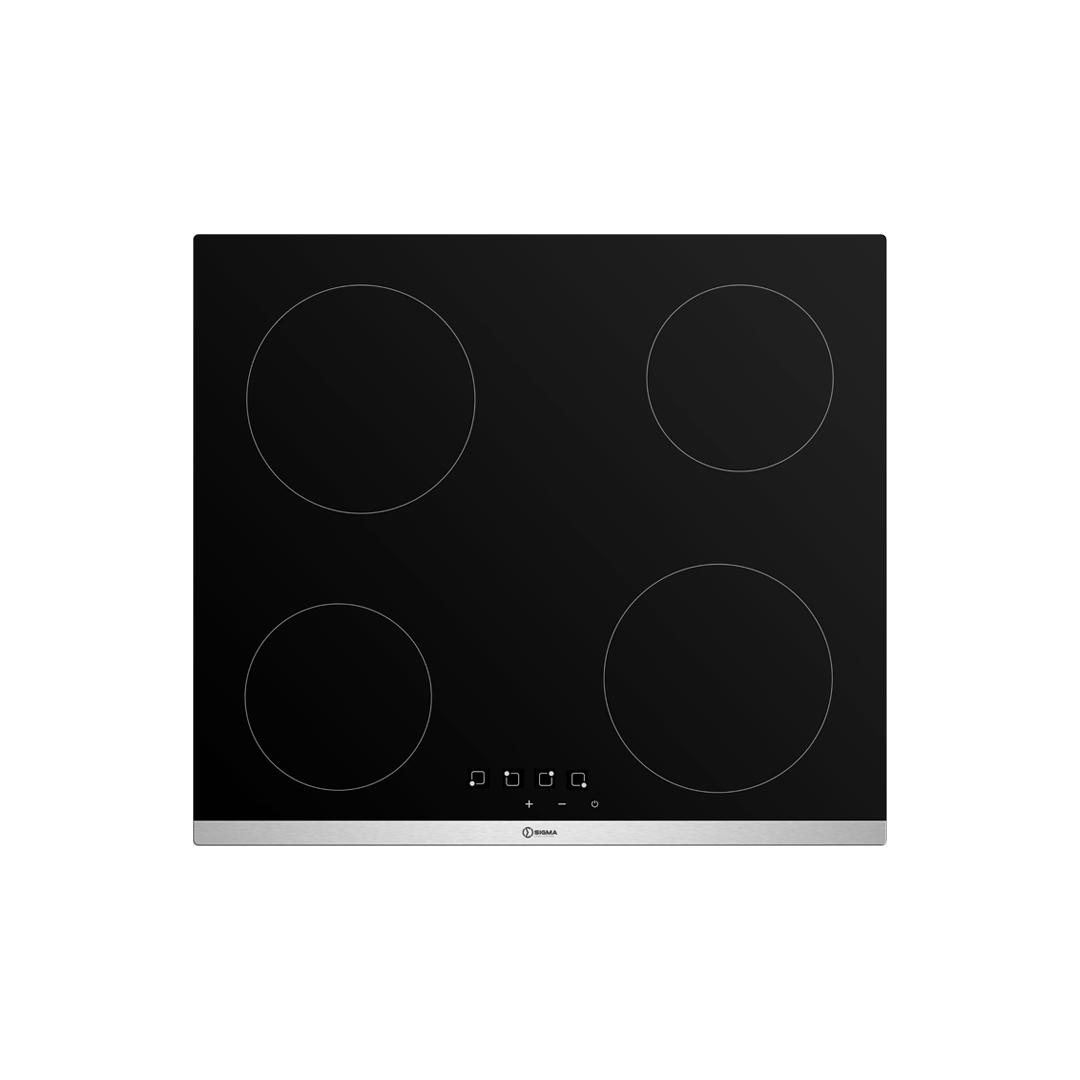 Black ceramic Sigma hob seen from above, four cooking zones marked as circles, touch keys with plus, minus and power symbols at the front, brushed steel strip along the bottom edge with a Sigma badge