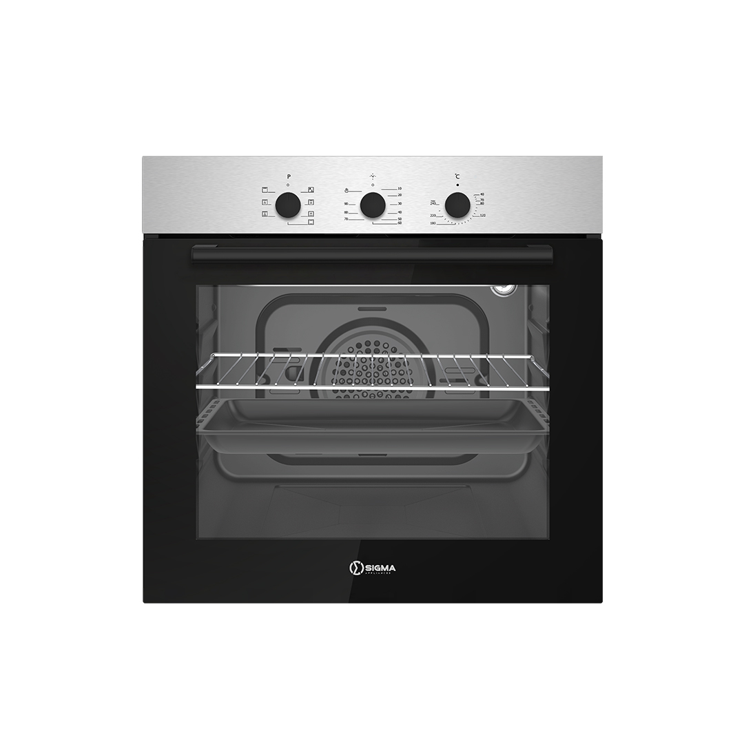 Front view of the Sigma SBEO-60 built-in oven, showing a stainless steel control panel with three black dials, a full width bar handle and a black glass door, with a wire rack above a flat tray inside the cavity