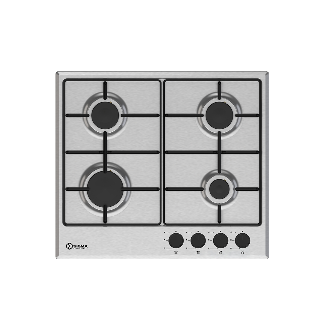 Sigma SBGC-60 stainless steel gas hob seen from above, four burners of different sizes under black pan supports, with four black knobs on the front panel at the right