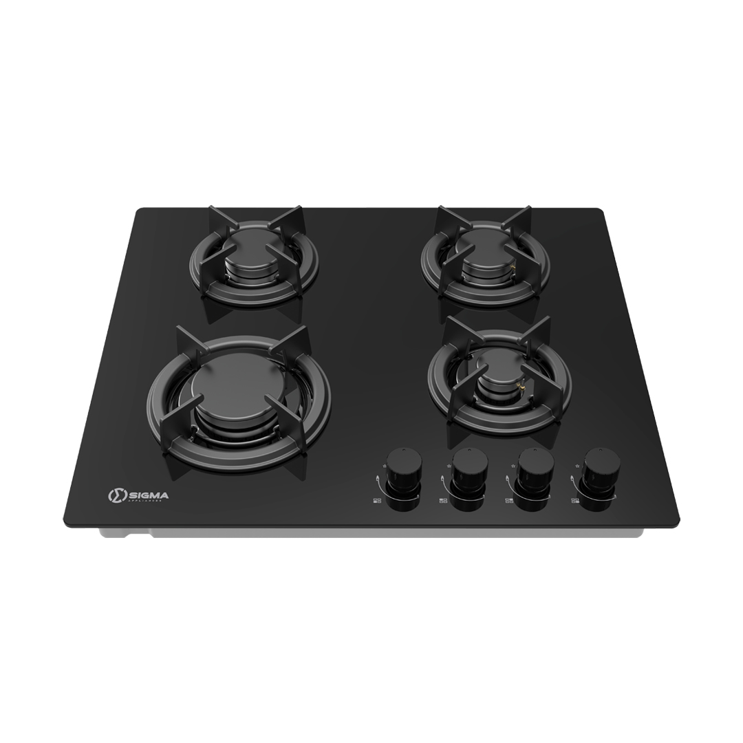 Angled front view of the hob with the four black knobs to the right of the burners