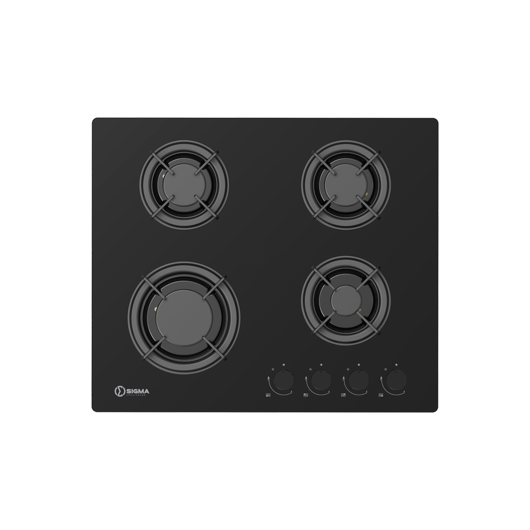 Top down view of the black glass hob showing four burners with cast iron supports and four knobs at the front right