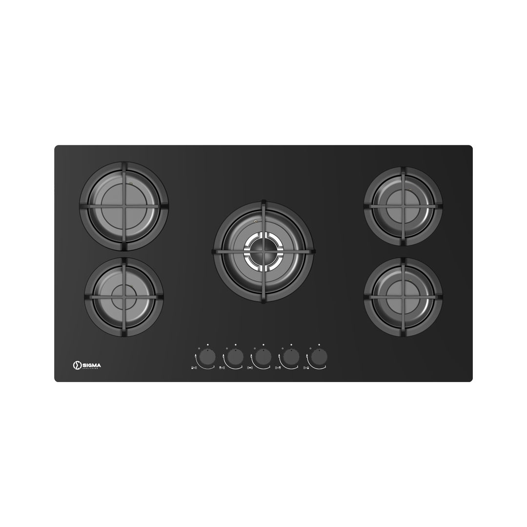 Top down view of the black glass Sigma gas hob with five burners, cast iron pan supports and five knobs along the front edge