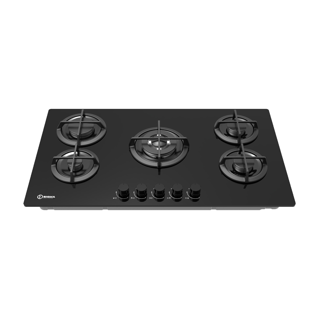 Front angle of the hob showing the five black knobs set low and centre between the burner groups