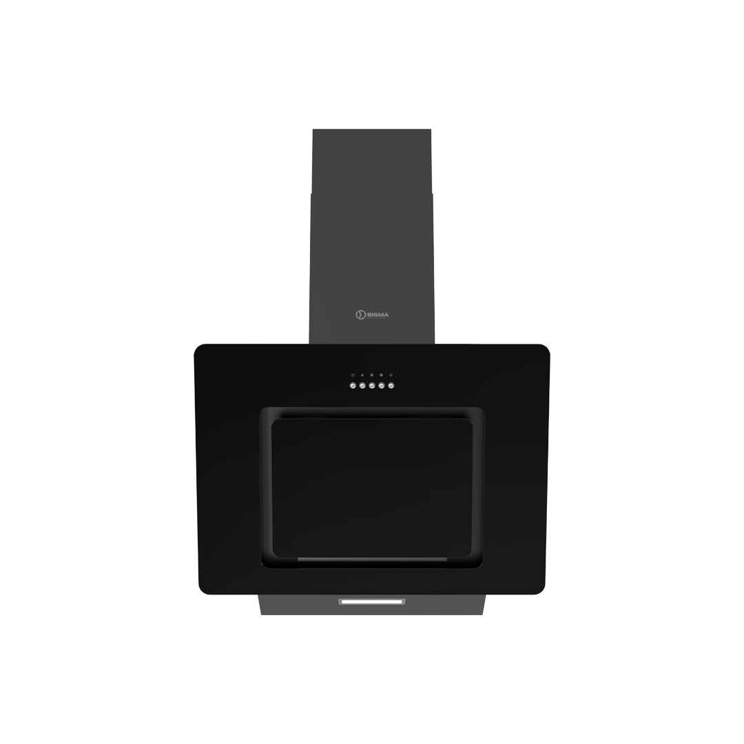 Front view of the Sigma hood, black mirror glass panel with four touch buttons in a row and a slim LED light strip below