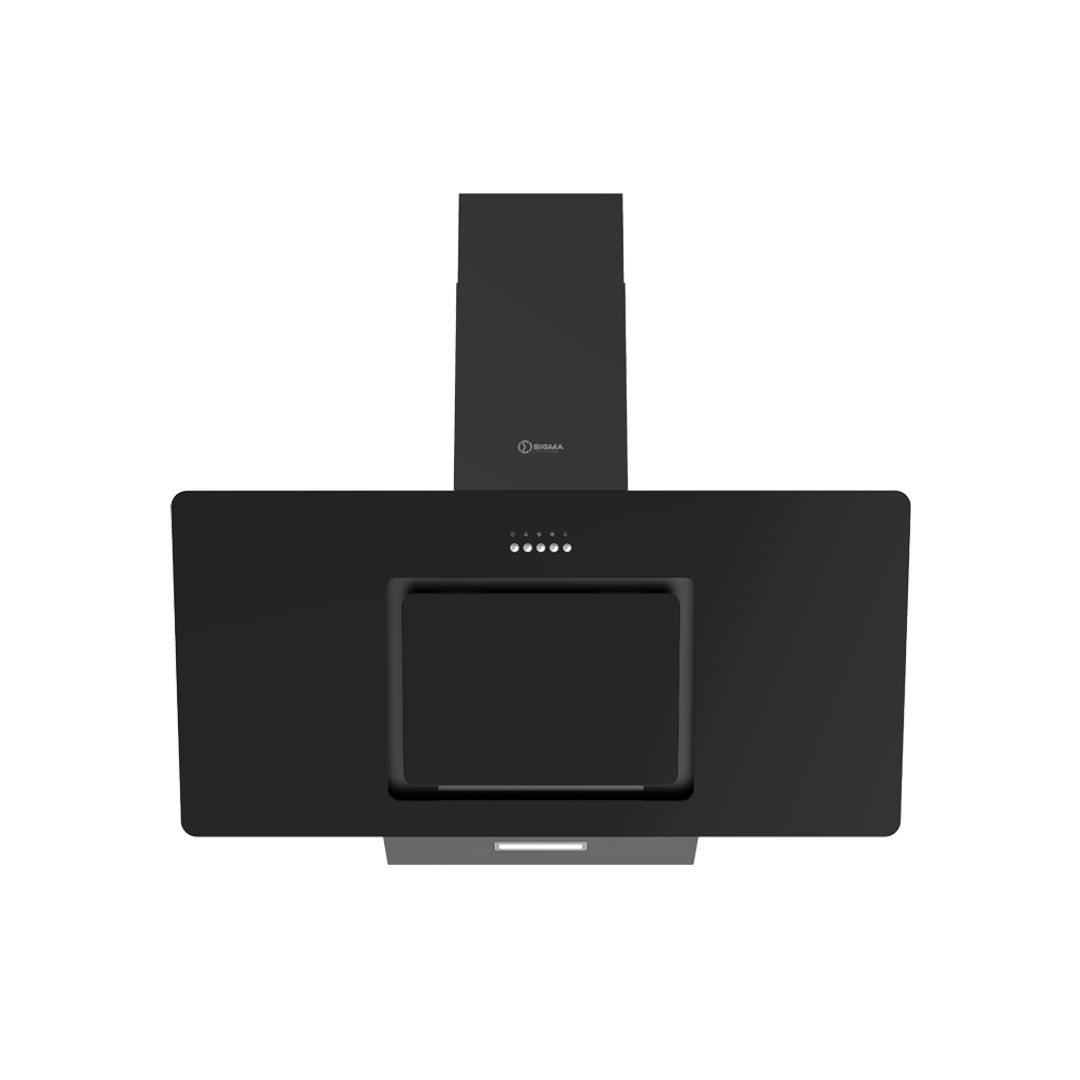 Front view of the Sigma black mirror glass hood extractor with a row of five touch buttons and a central square grease filter panel