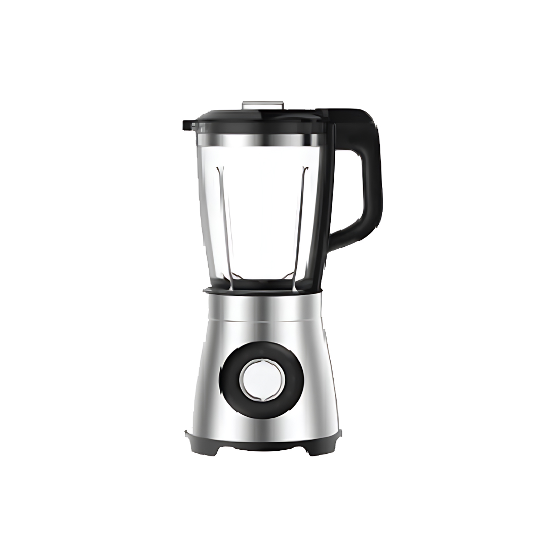 Sigma SBL9009-GS blender with a clear glass jar, black lid and handle, on a brushed stainless steel base with a single round control knob