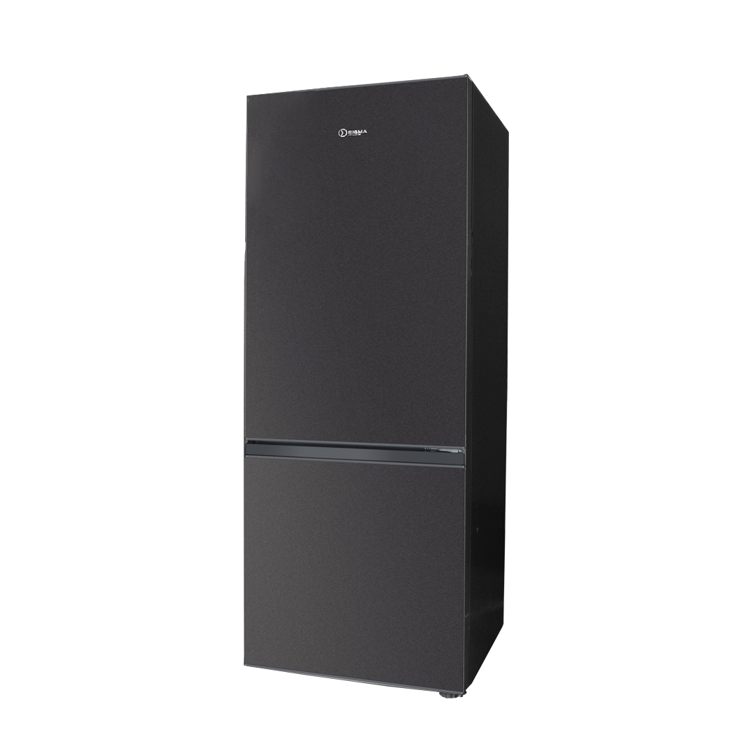 Dark inox Sigma bottom mount fridge freezer photographed from the front left, with the Sigma badge on the upper door