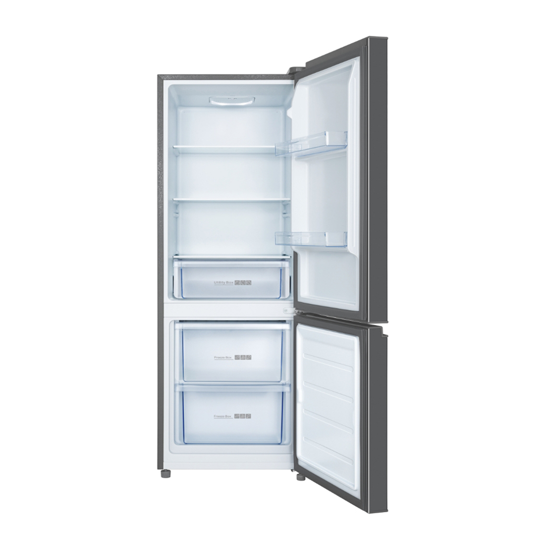 Both doors open, showing two glass shelves, a covered Utility Box drawer, two door bins and two clear Freeze Box drawers in the freezer below