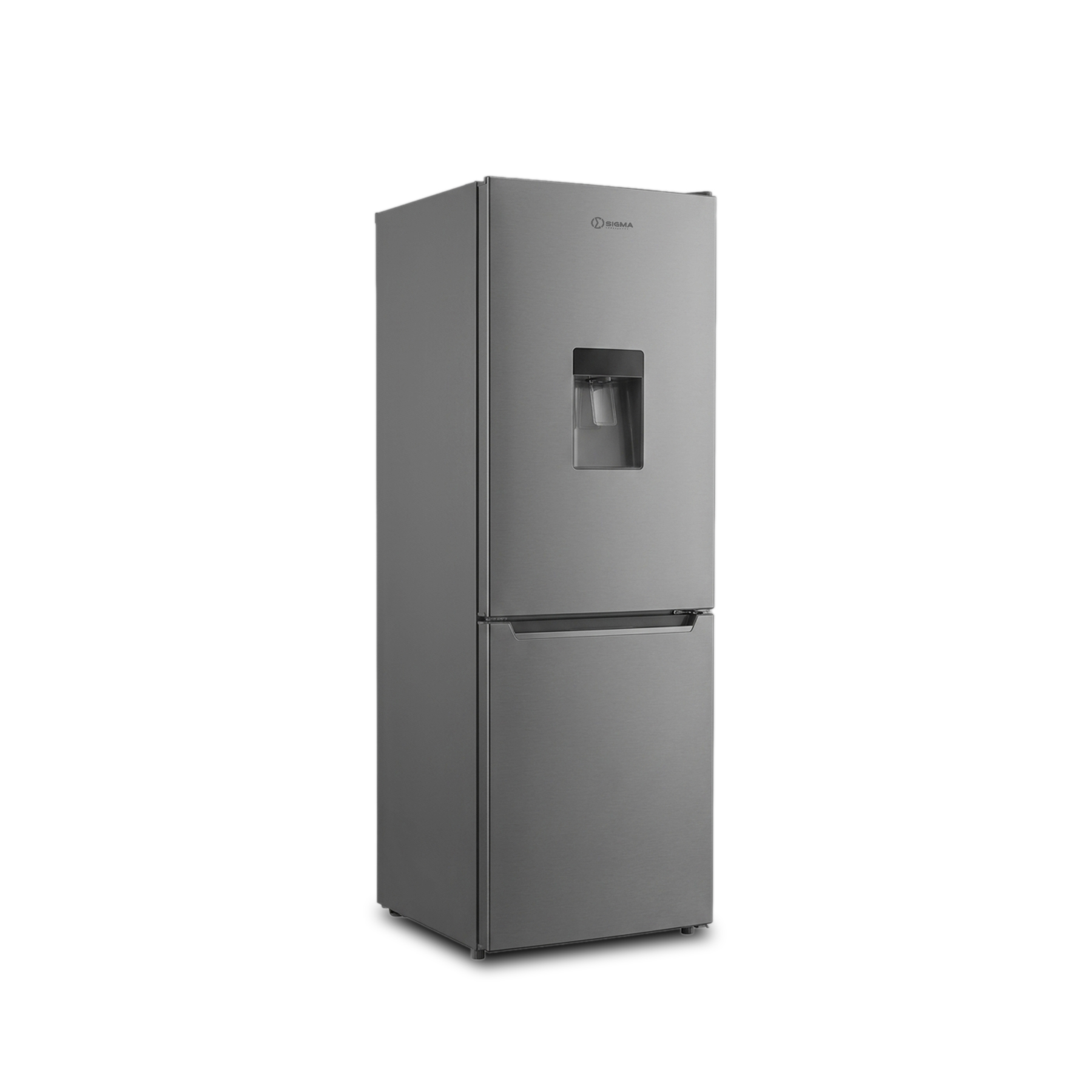 Front three quarter view of the Sigma SBMF-M229D in brushed steel, with the water dispenser recess on the upper door and a wide pull across the freezer door