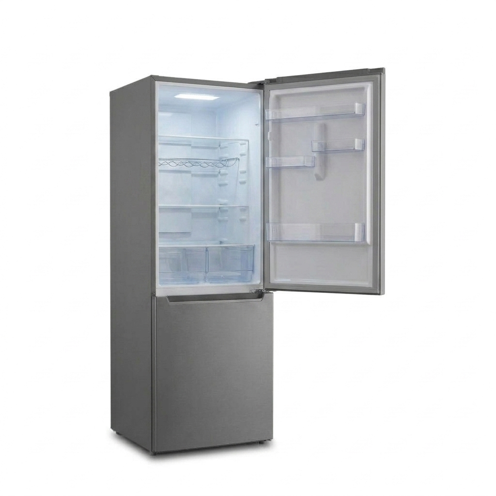 Sigma SBMF-M229D with the fridge door open, showing lit glass shelves, two clear drawers at the bottom of the compartment and racks on the inner door