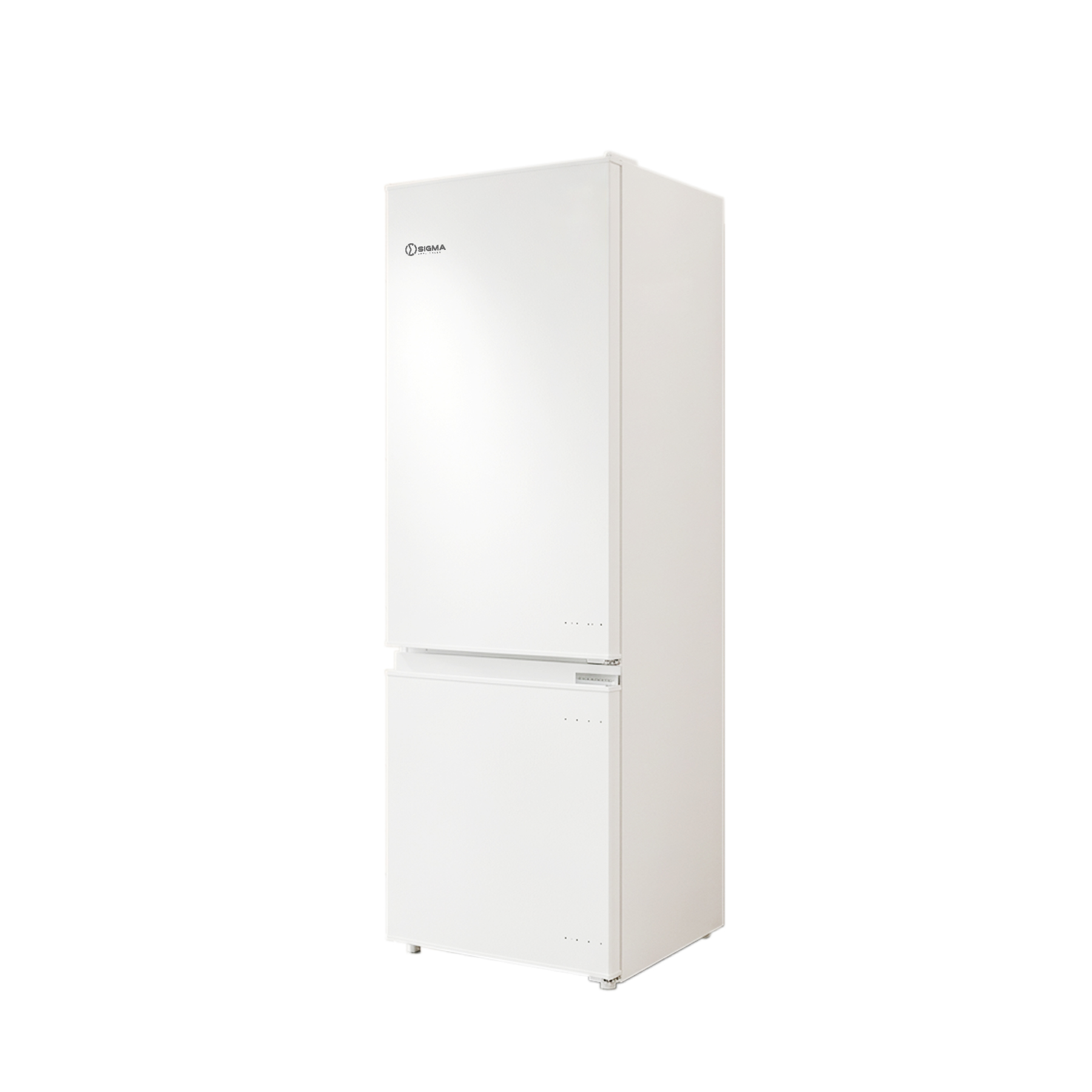 White Sigma two door fridge freezer viewed from the front left, with the Sigma badge near the top of the upper door and the freezer door below