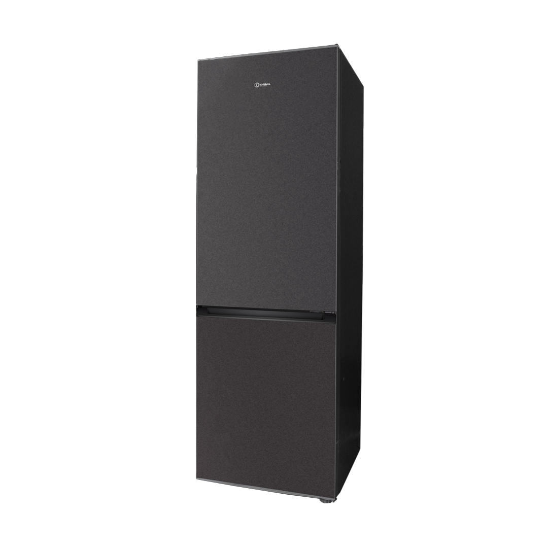 Angled view of the dark inox Sigma fridge freezer, showing the textured finish on the door fronts and the side panel