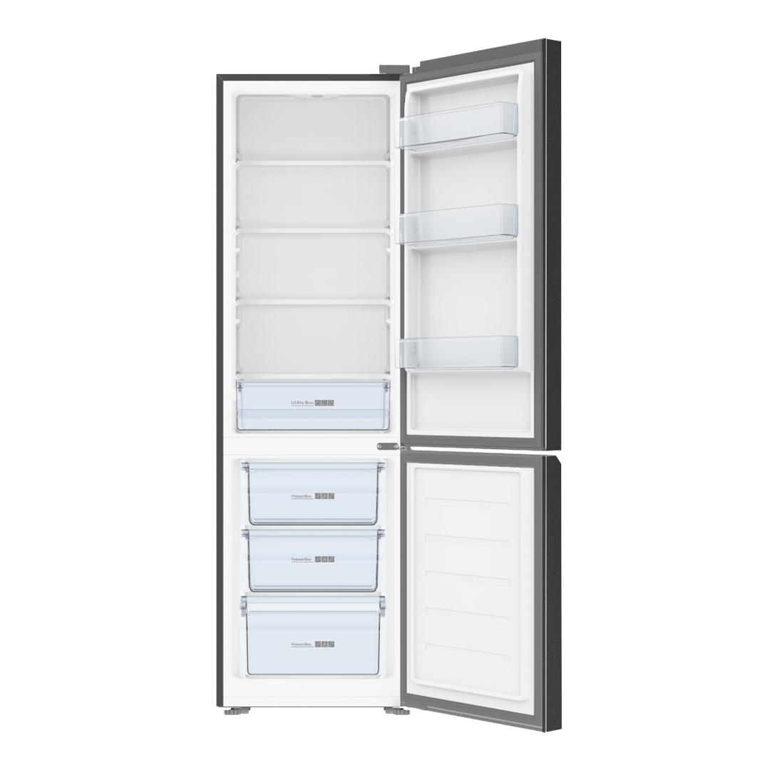 Both doors open, showing the fridge shelves and Utility Box drawer above and three clear Freeze Box drawers in the freezer below
