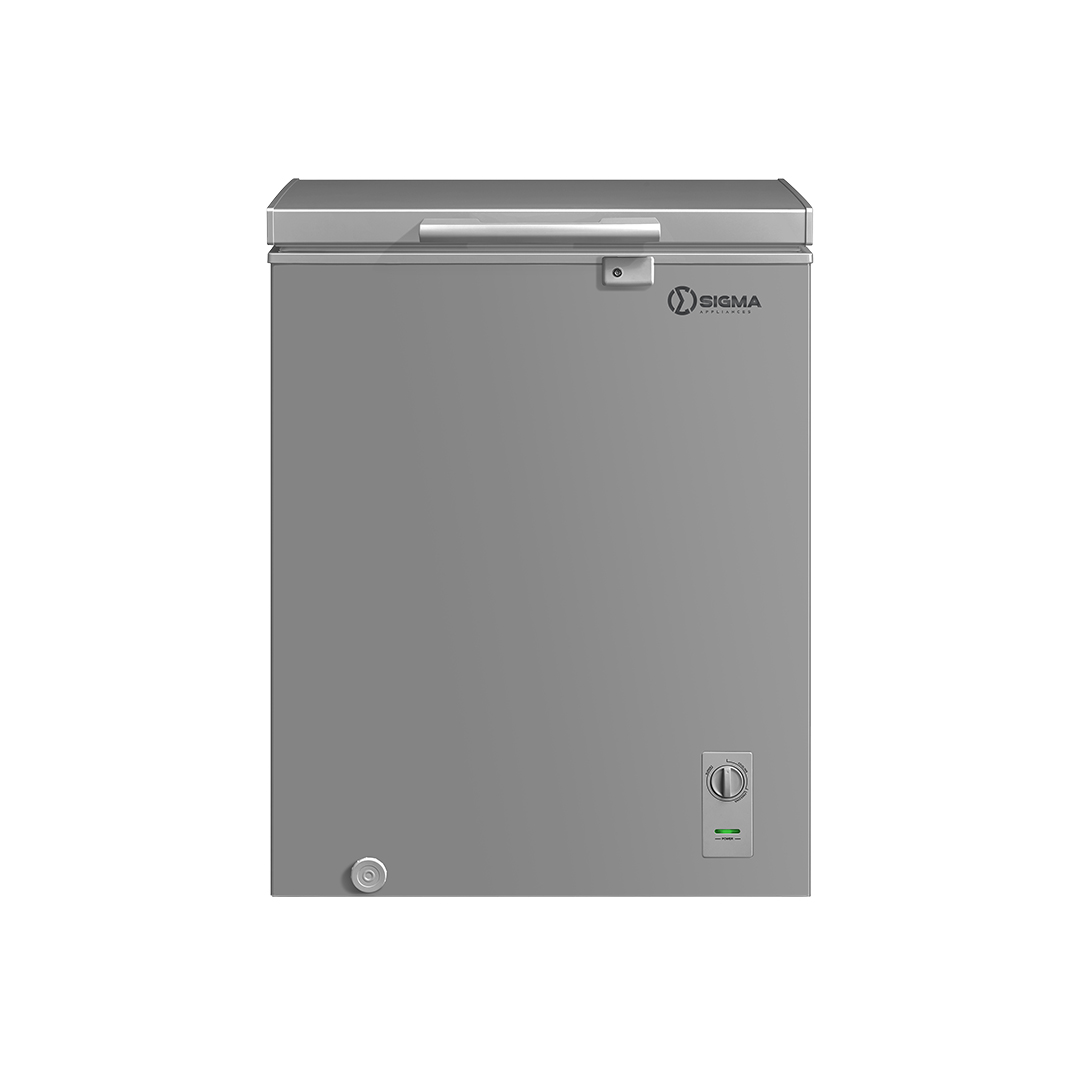 Grey Sigma SCF-160 chest freezer with the lid closed, a recessed lid handle, a keyhole lock in the lid front, a thermostat dial with a green power light at the lower right and a round drain plug at the lower left