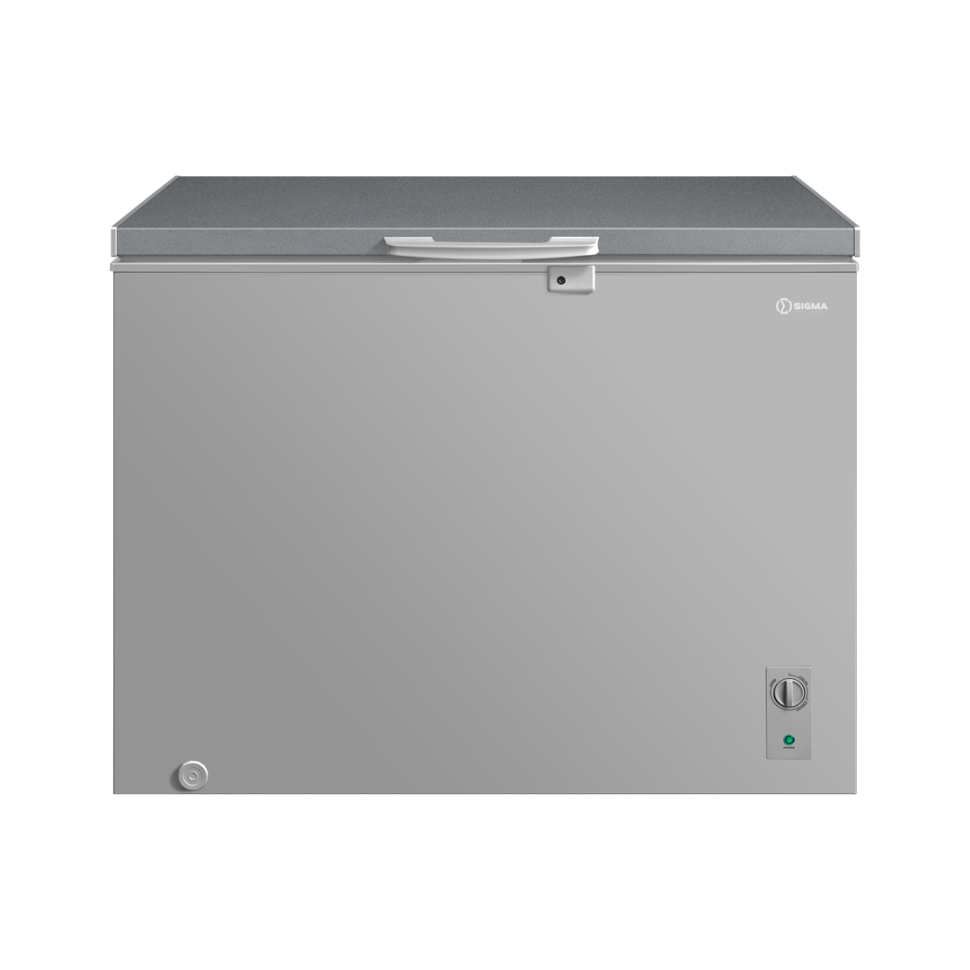 Grey Sigma chest freezer from the front with the lid closed, a lock below the lid handle, a control dial with a green light on the lower right and a round drain plug on the lower left