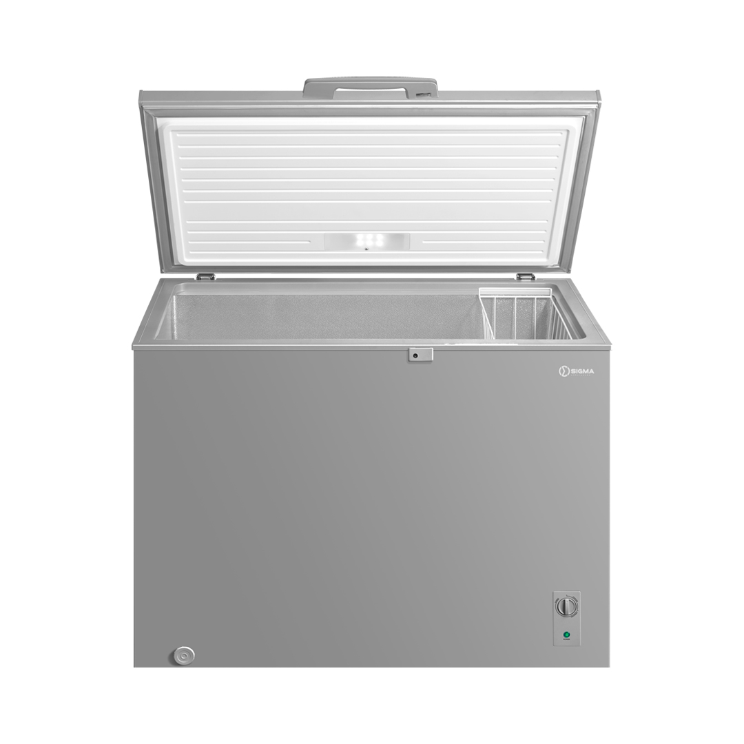 The same freezer with the lid raised, showing the ribbed white lid liner, a bright embossed aluminium interior and a wire basket hanging at the right hand end