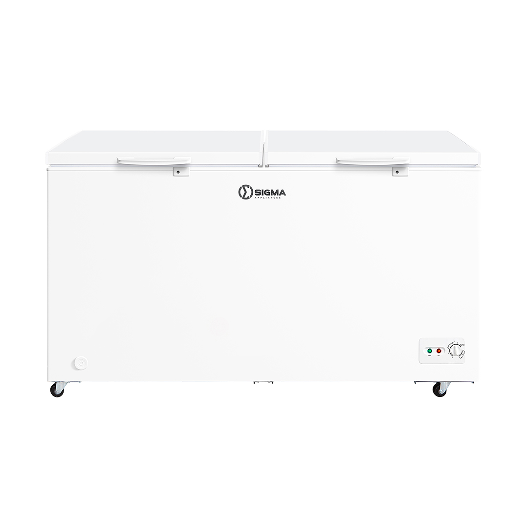White Sigma chest freezer seen from the front with two lids, two recessed handles, a control panel holding a dial and two indicator lights at the lower right, and castor wheels at the base