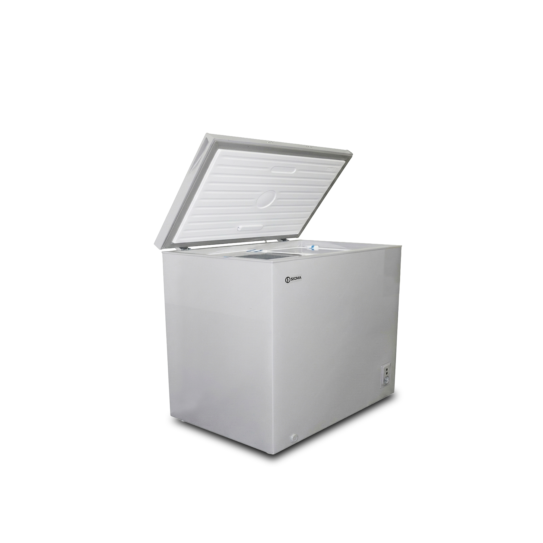 Sigma SCF-M201 chest freezer in silver with the lid raised, showing the inner glass cover, a thermostat dial on the front right and a drain plug at the base