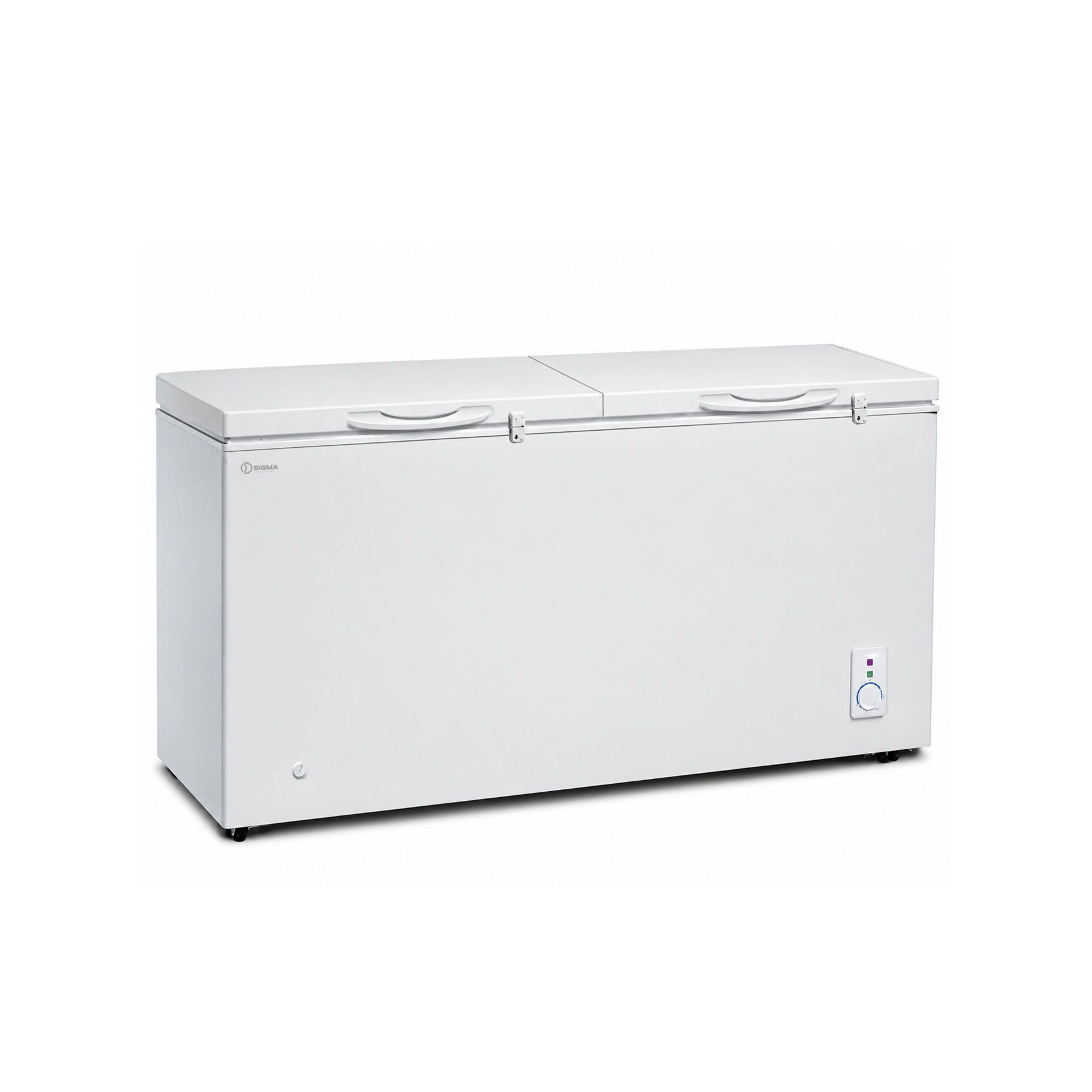 White Sigma chest freezer with two closed lids, recessed handles, a front control panel with a rotary dial and two indicator lights, and castors at the base