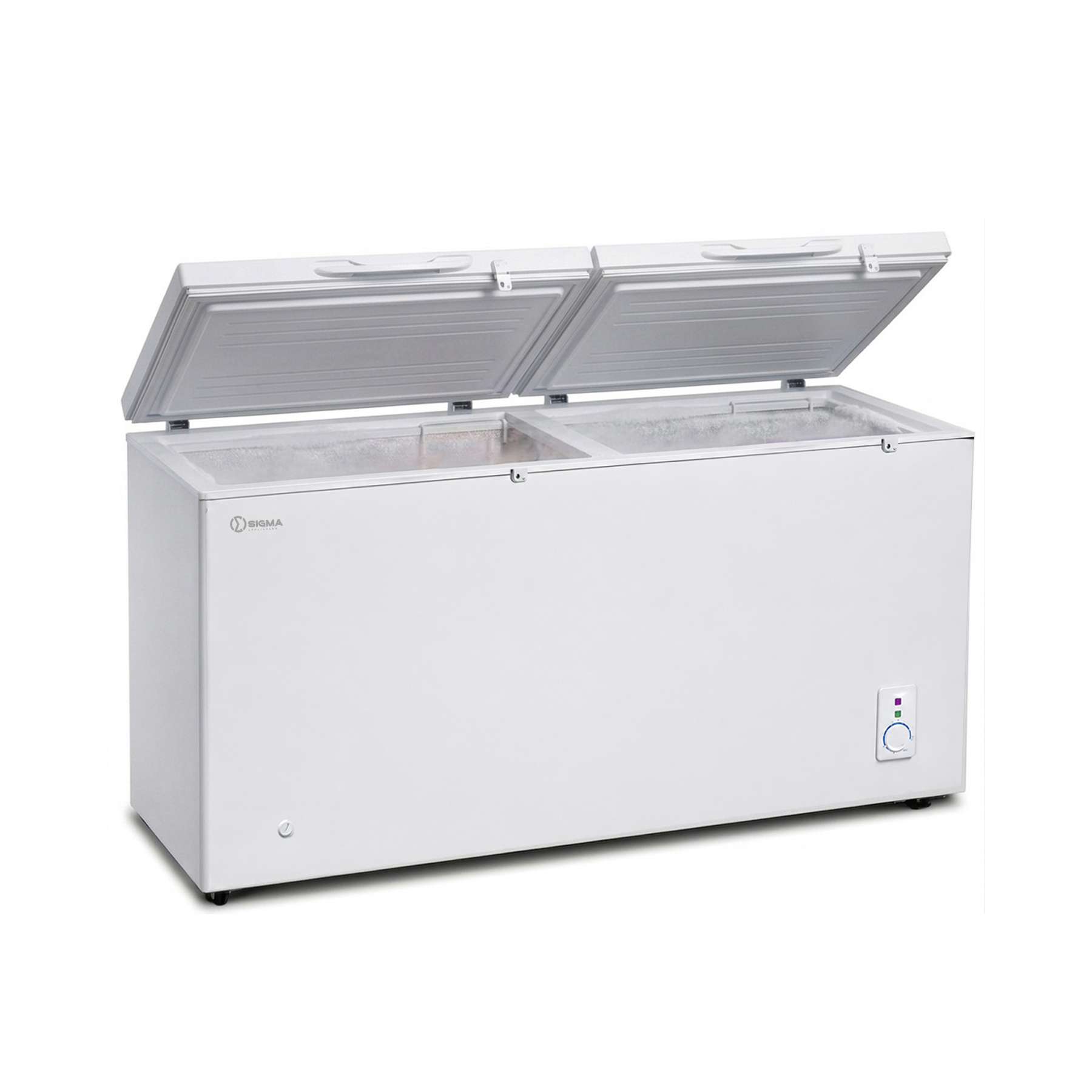 The same chest freezer with both lids raised, showing the embossed inner lid liners and two frosted open compartments