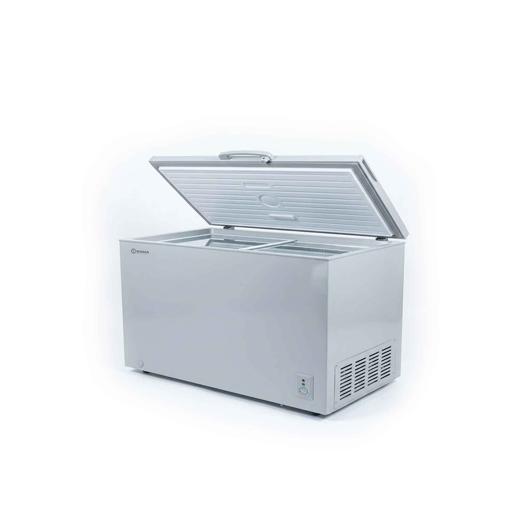 Silver Sigma chest freezer with the lid raised, showing two wire baskets across the top of the interior, a vented panel at the right-hand end and a control dial with two small indicator lights on the lower front