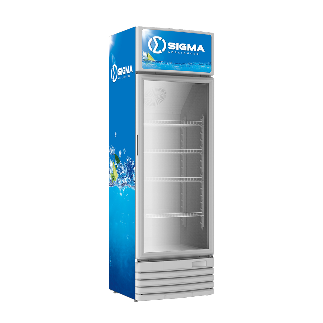 Sigma SDSF-260 display fridge shown at an angle with the glass door closed, white cabinet, blue printed side panel, Sigma sign above the door and four white wire shelves inside