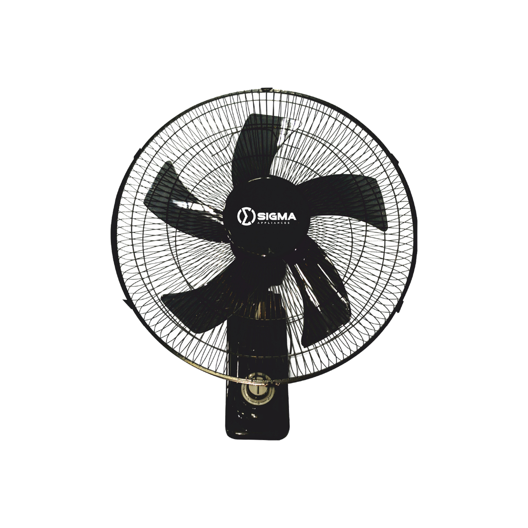 Black Sigma wall fan seen from the front, showing five wide blades behind a fine wire guard and the mounting bracket below the motor