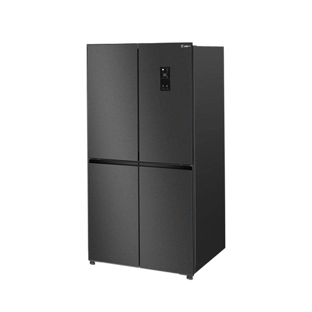Sigma SFDF-T500I four door refrigerator in dark inox, shown from a front three quarter angle with a small touch display on the upper right door