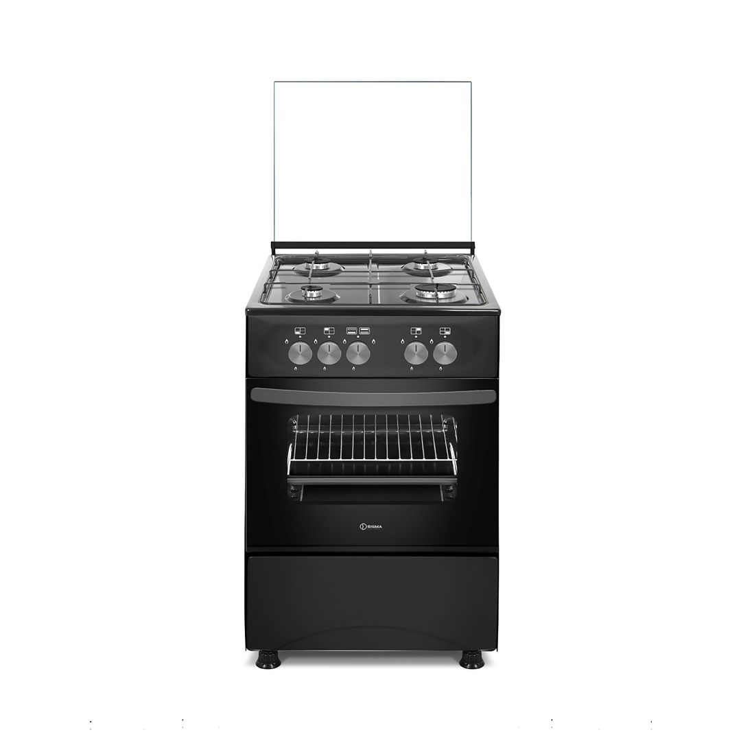 Sigma SGC-F5050G-B black gas cooker from the front, glass panel raised behind the four burner hob, five knobs in a row, oven door with the shelf rack showing and a full width panel across the base