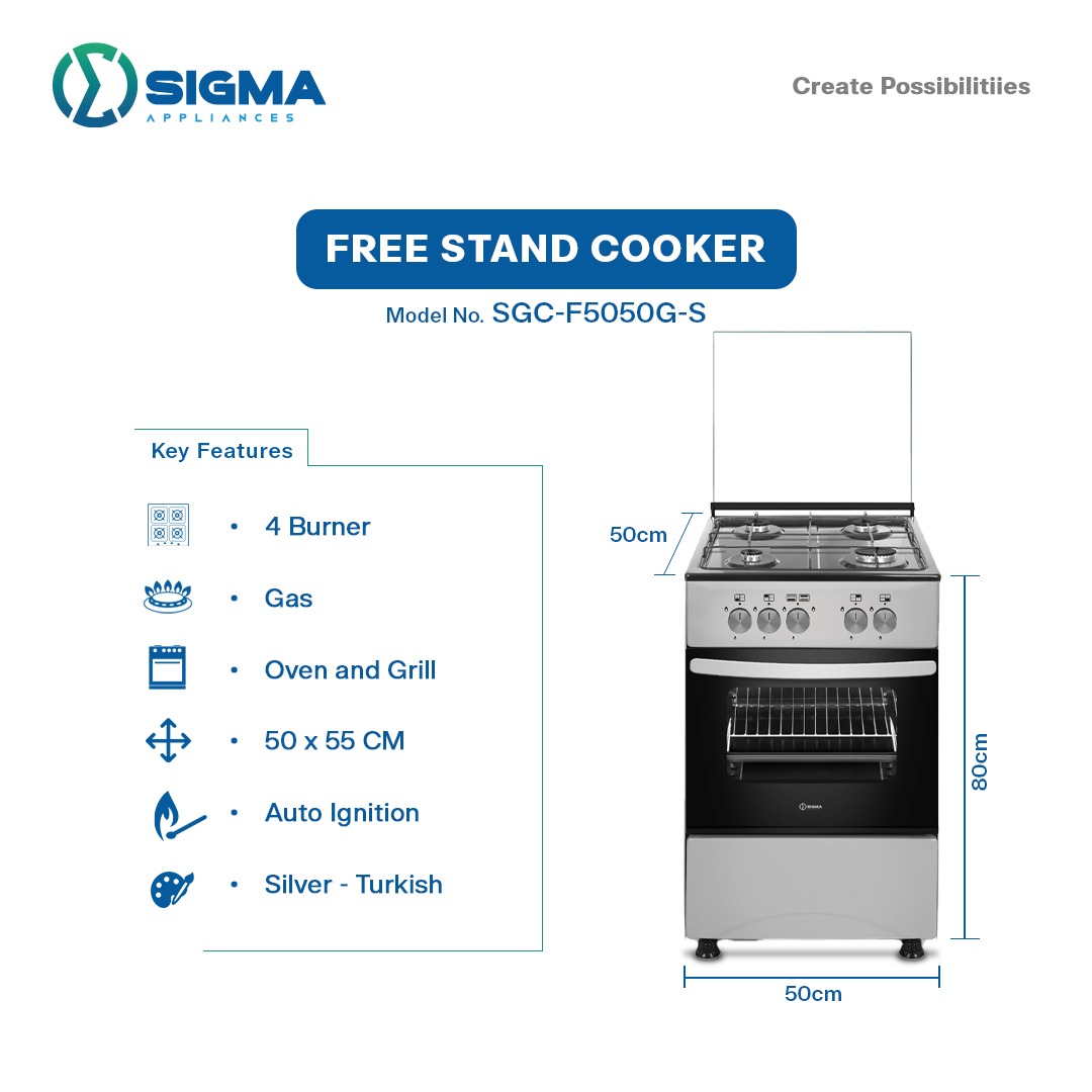 Sigma feature card for model SGC-F5050G-S listing 4 burner, gas, oven and grill, 50 x 55 CM, auto ignition and Silver Turkish, with a diagram marked 50cm wide, 50cm deep and 80cm high