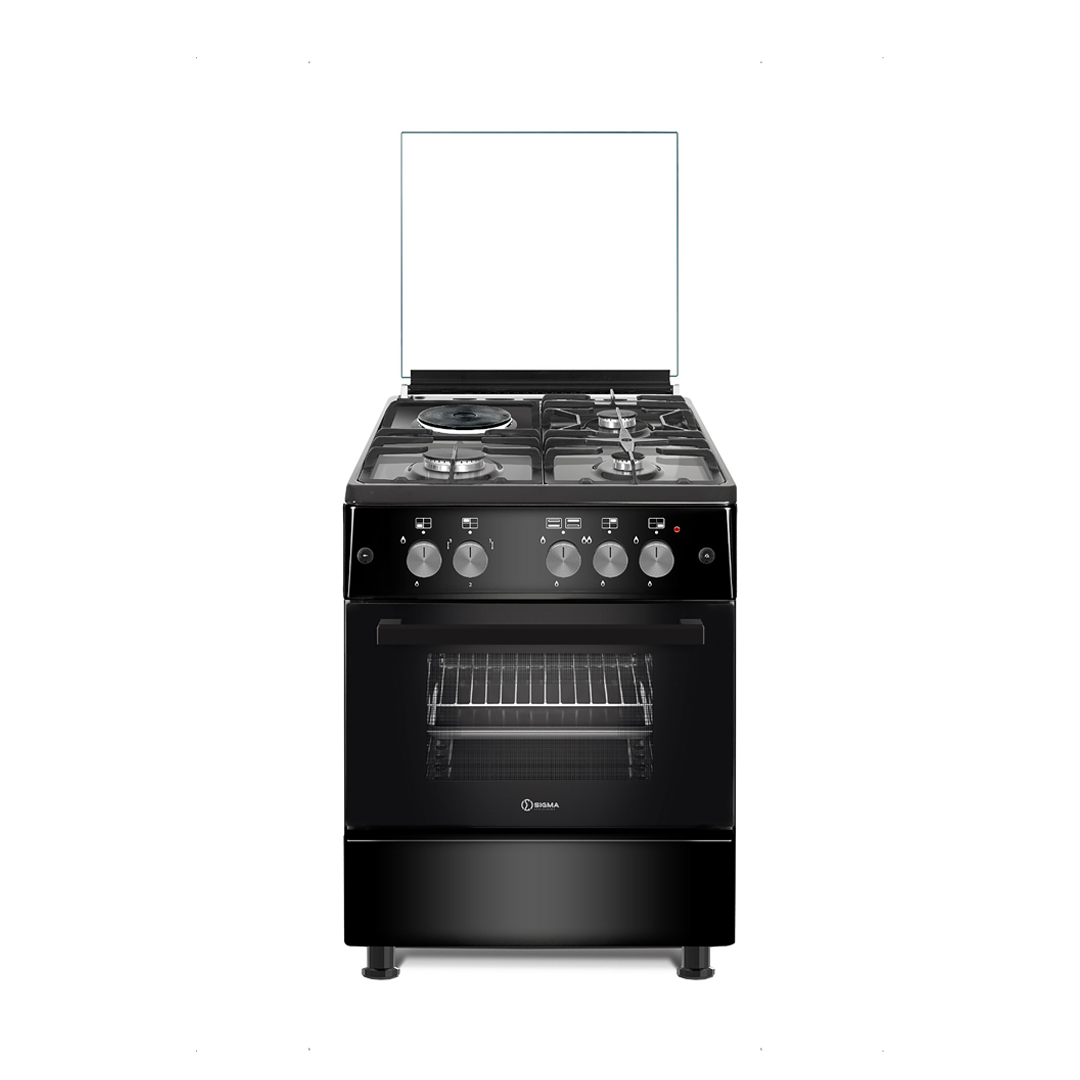Black Sigma freestanding cooker seen from the front, with a clear glass panel raised behind the four burner hob, five control knobs in a row, and two wire shelves visible through the oven door glass