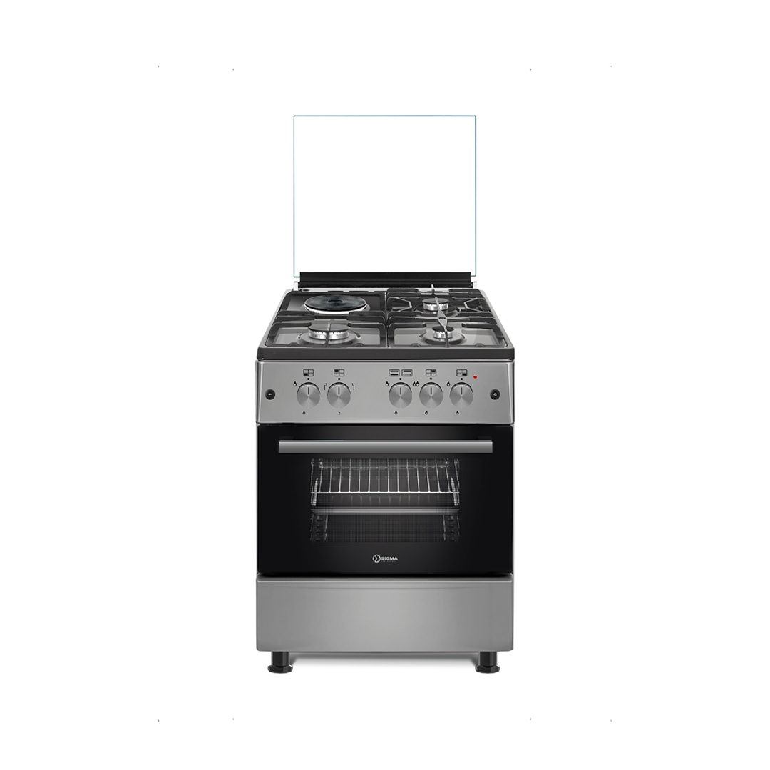 Sigma freestanding cooker in silver stainless steel with the glass lid raised, four burners on the hob, five control knobs in a row and a glass oven door with two wire racks inside