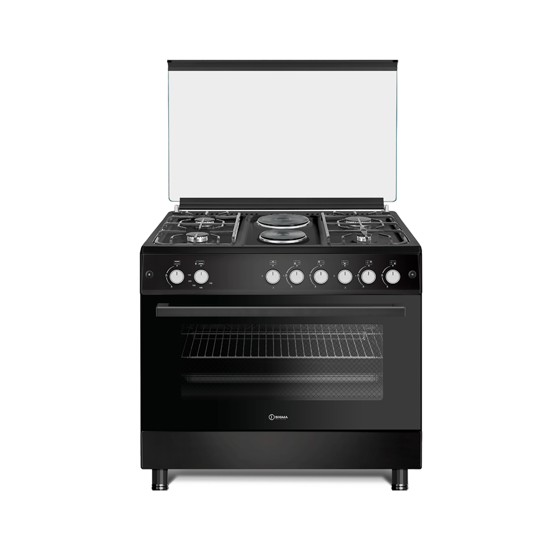 Black Sigma free standing cooker seen from the front, glass lid raised, four gas burners around two round electric hotplates, a row of control knobs and a glass oven door with a rack inside