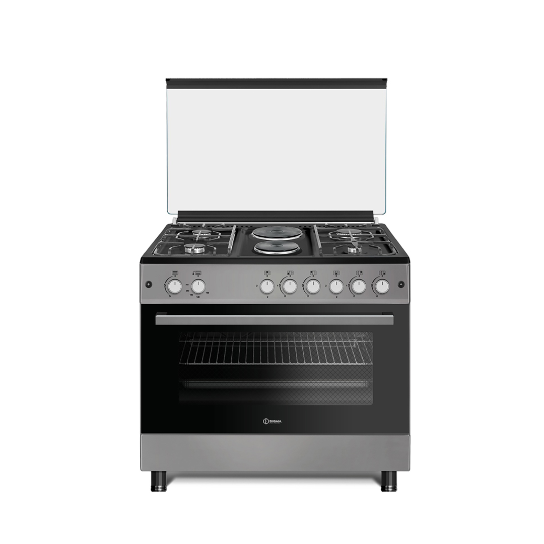 Sigma stainless steel free standing cooker seen from the front, glass lid raised, four gas burners and two round electric hotplates on top, eight control knobs and a glass fronted oven door with one wire shelf inside