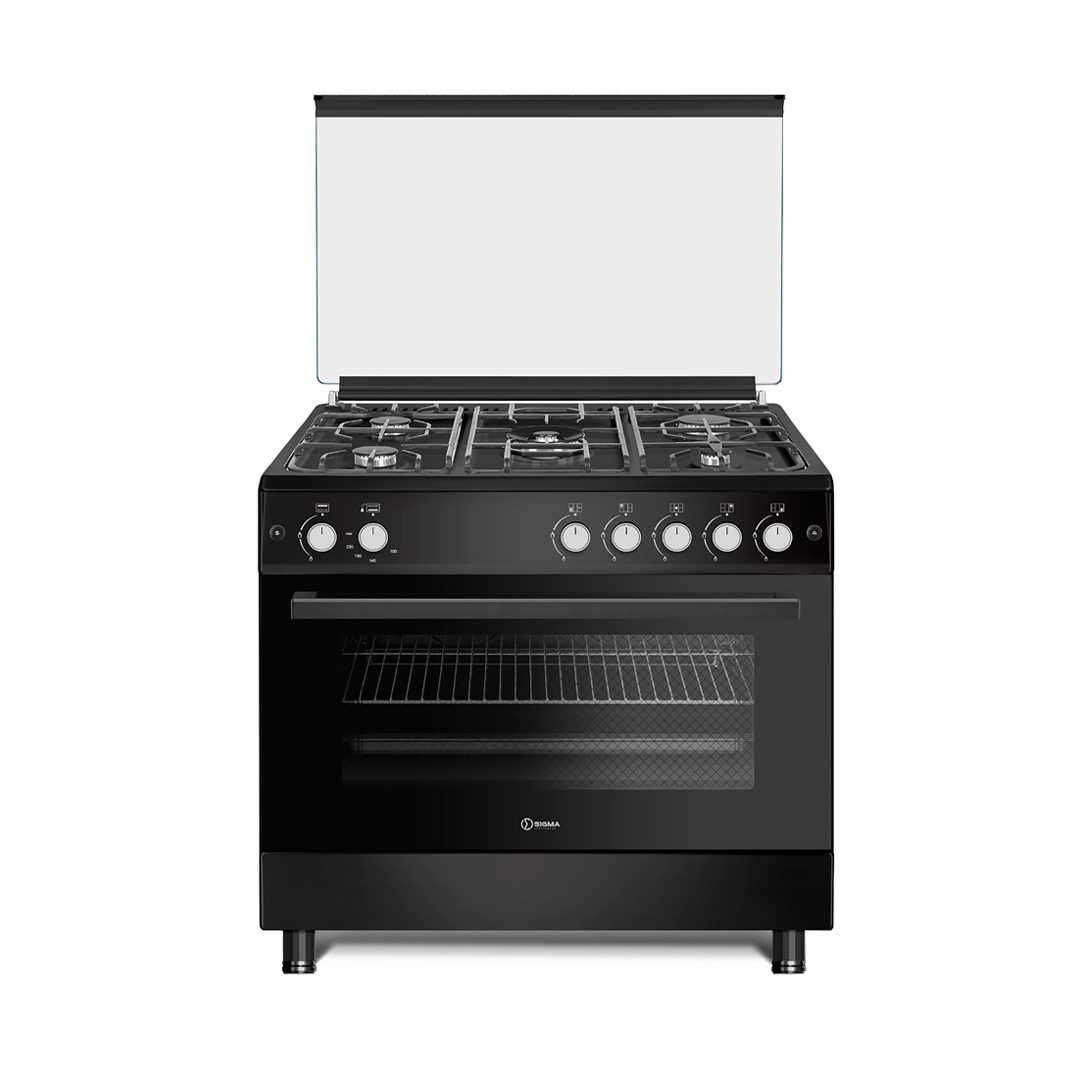 Front view of the black Sigma gas cooker with the glass lid raised, five burners on cast iron supports, seven control knobs and a glass oven door with two shelves inside