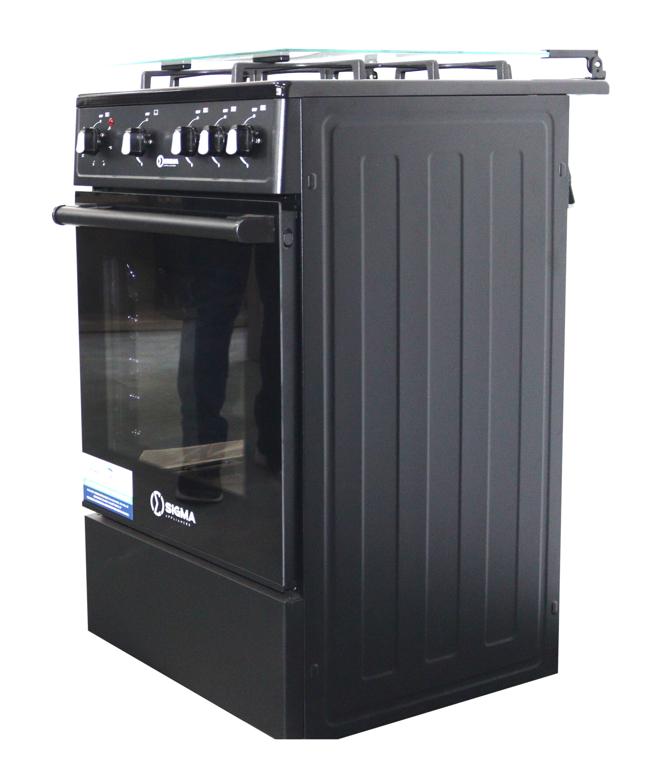 The black cooker photographed at an angle on a white background with the glass lid raised, cast iron pan supports over the burners and a plain finished side panel