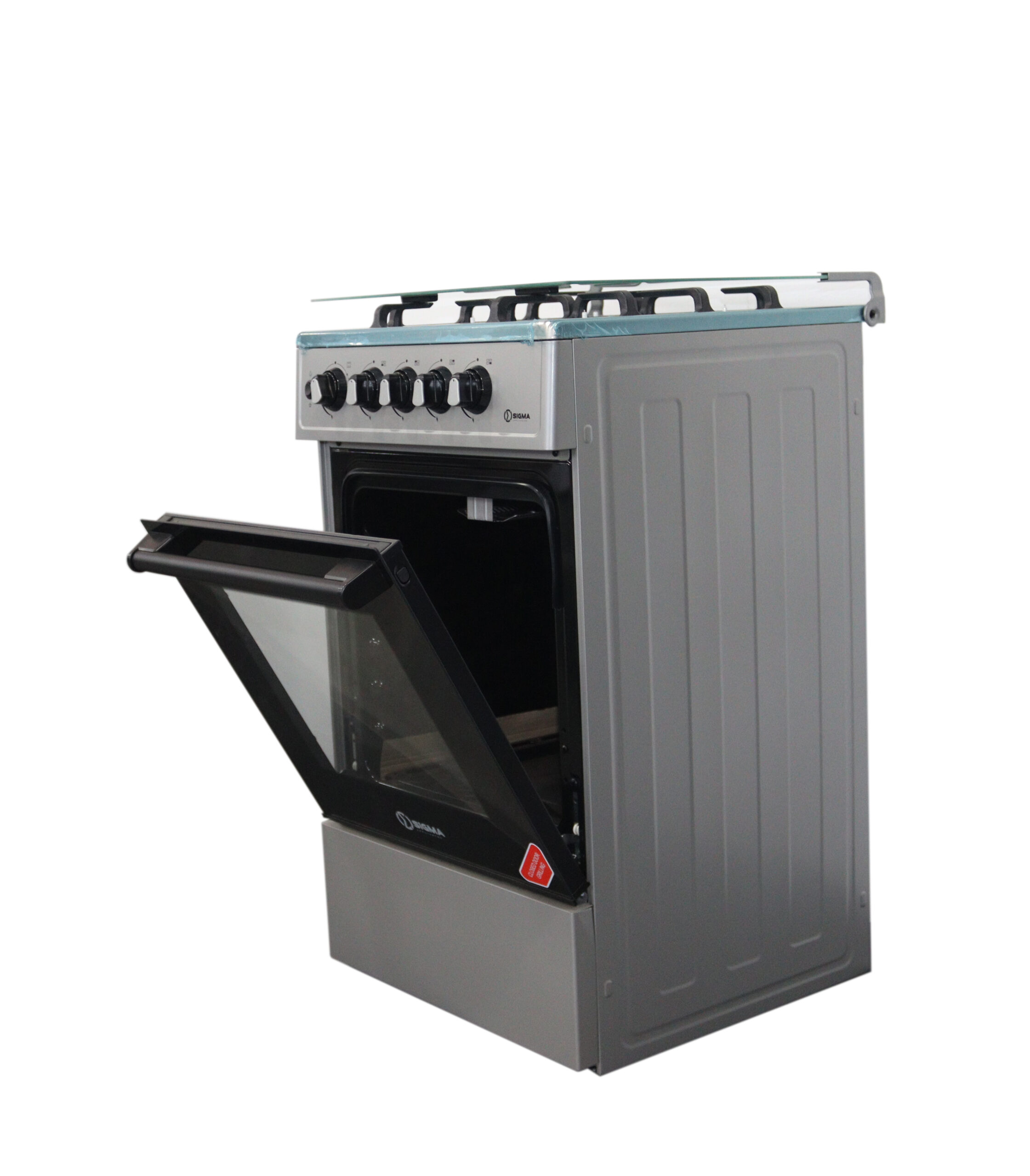 The cooker from the rear right with the oven door dropped open, showing the cavity, the shelf runners and the grey side panel