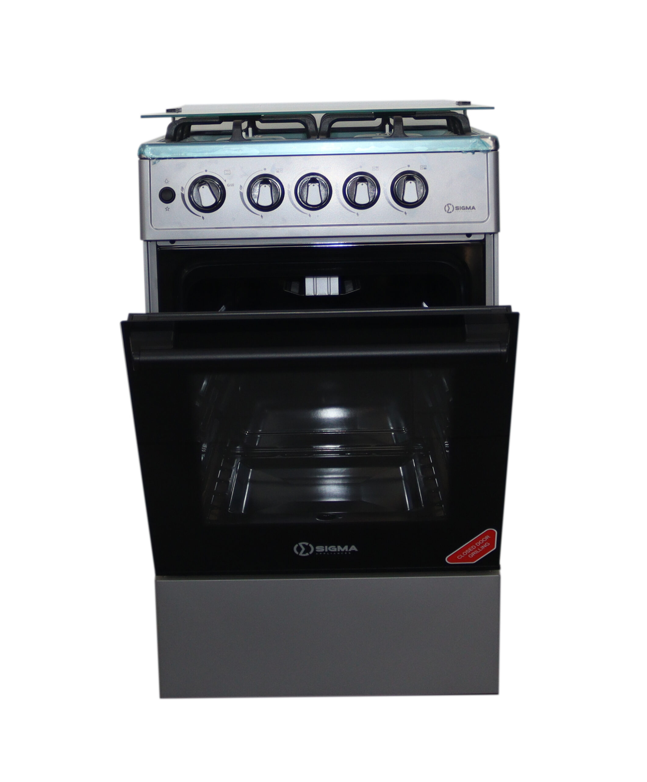 Front view with the oven door open, showing two wire shelves inside and the stainless steel panel with five knobs, an ignition button and a Grill marking