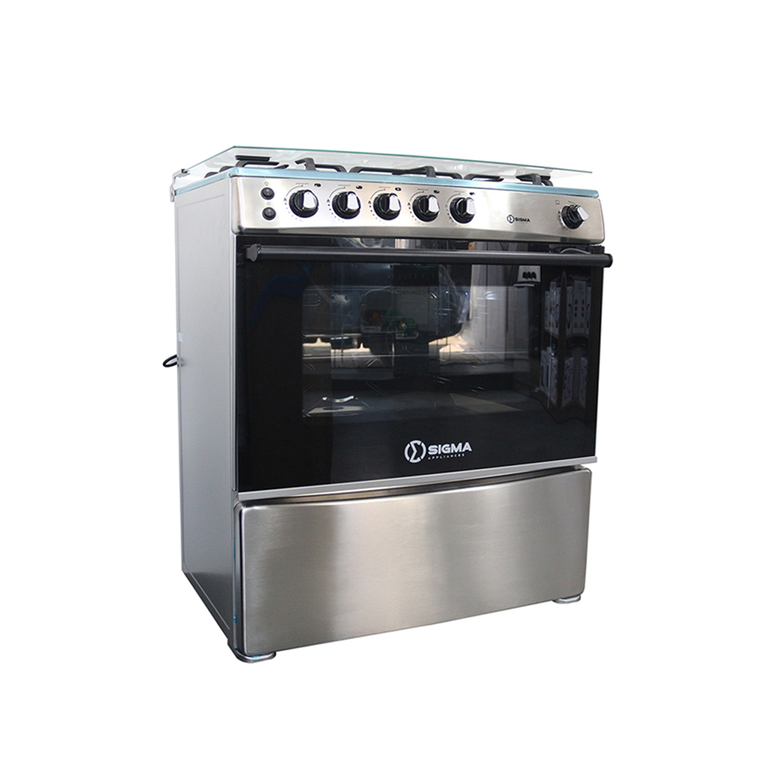 Angled view of the cooker with the glass hob lid raised, showing the black burner caps and cast iron supports