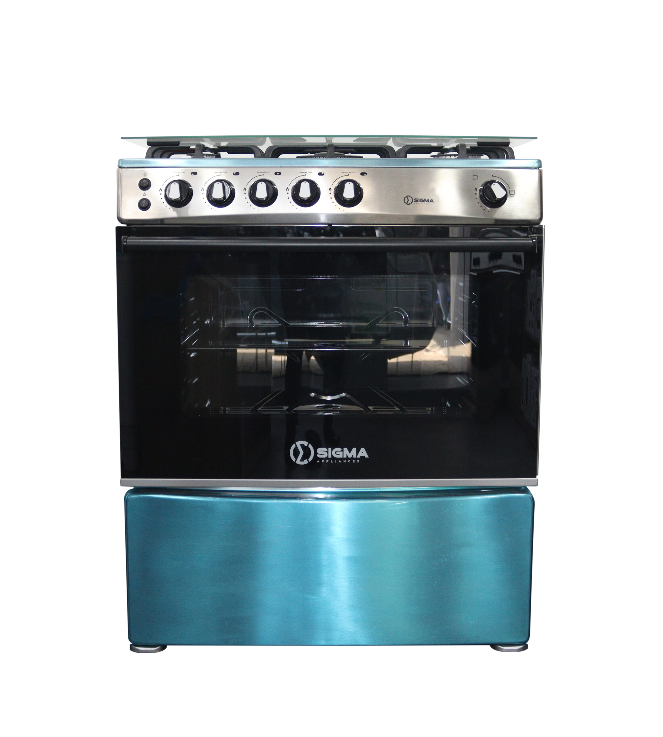 Front view of the Sigma stainless steel cooker showing five knobs, a separate oven and grill knob, the glass oven door and the drawer below